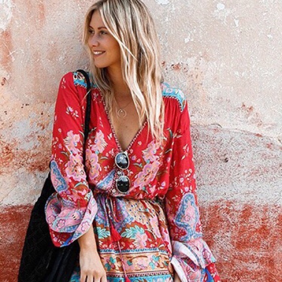 NEW Sexy Peacock Red Boho Lotus Kimono Romper - Picture 4 of 8